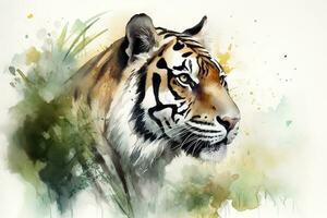 peindre une réaliste portrait de une tigre dans le jungle aquarelle peinture, magnifique Naturel formes, croustillant nettoyer formes, coloré, blanc arrière-plan, produire ai photo