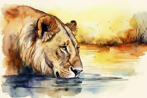 une Lion en buvant de une rivière à le coucher du soleil aquarelle peinture, magnifique Naturel formes, croustillant nettoyer formes, coloré, blanc Contexte , produire ai photo