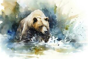 une ours pêche dans une rivière aquarelle peinture, magnifique Naturel formes, croustillant nettoyer formes, coloré, blanc arrière-plan, produire ai photo