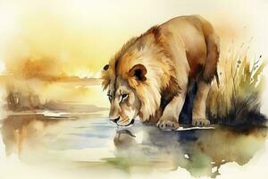 une Lion en buvant de une rivière à le coucher du soleil aquarelle peinture, magnifique Naturel formes, croustillant nettoyer formes, coloré, blanc Contexte , produire ai photo