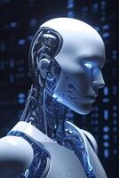 chatgpt, une en pensant robot, une humanoïde robot visages fermer futuriste moderne technologie chatbot assistance auto conversation, futur numérique La technologie ai artificiel intelligence concept, produire ai photo