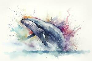 une baleine briser dans une orageux océan aquarelle peinture, magnifique Naturel formes, croustillant nettoyer formes, coloré, blanc arrière-plan, produire ai photo