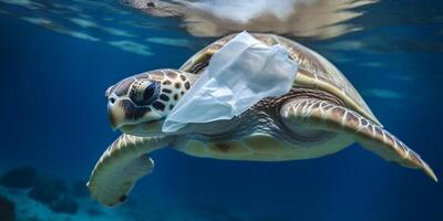 tortue dans l'eau avec une Plastique sac sur ses bouche ai généré photo
