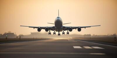 avion sur une piste avec ciel dans le Contexte ai généré photo