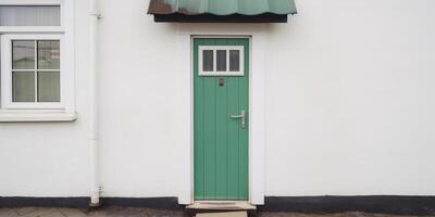 petit blanc maison avec une noir porte et petit arbre ai généré photo