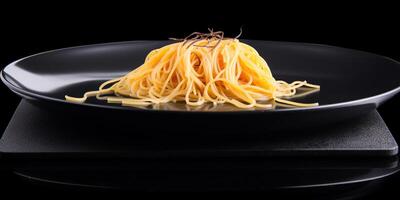 délicieux spaghetti sur une noir assiette ai généré photo