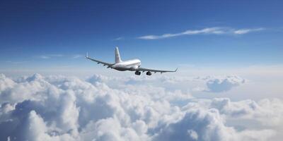 avion est en volant dans le ciel au dessus le des nuages ai généré photo