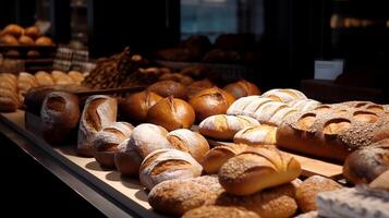 pain afficher dans une boulangerie avec une grand sélection de Frais parfumé pain, ai généré photo