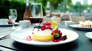 dessert magnifiquement décoré avec baies avec une verre de du vin sur une table dans une rue café, ai généré photo