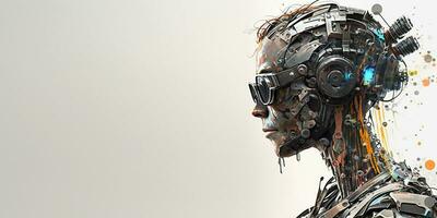 profil portrait de robot bot ai avec connecté des lunettes blanc Contexte. synthétique humanoïde robot, artificiel intelligence.portrait de gynoïde, futuriste cyborg. bannière avec espace pour texte, copie espace photo