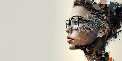 profil portrait de robot bot ai avec connecté des lunettes blanc Contexte. synthétique humanoïde robot, artificiel intelligence.portrait de gynoïde, futuriste cyborg. bannière avec espace pour texte, copie espace photo