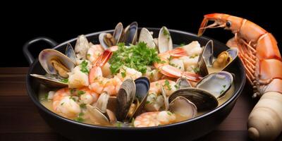 Fruit de mer Ragoût avec muscles palourdes crevettes et poisson ai généré photo