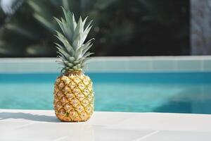 ananas dans de face de le nager bassin avec copie espace. concept de été vacances. ai généré. photo