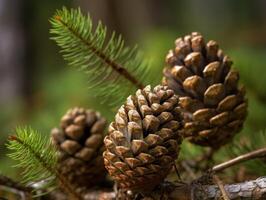 pin cônes dans le forêt. sélectif se concentrer. établi avec génératif ai technologie. photo