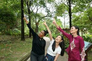 Trois femme malais chinois Indien asiatique Extérieur vert parc la nature point doigt en haut montrant photo