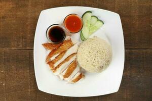 Sud est asiatique style poulet riz ensemble à la vapeur rôti tranché poulet avec soupe foncé Chili sauce Malaisie Chine photo