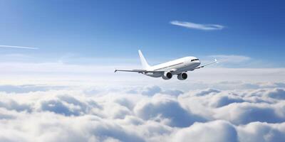 avion est en volant dans le ciel au dessus le des nuages ai généré photo