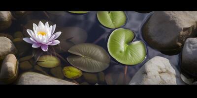 l'eau lis et des pierres dans une étang ai généré photo