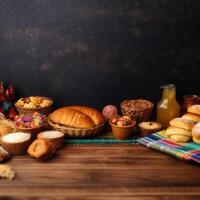 nourriture fête sur décoré table pour festa Junina fête. brésilien nourriture pour célébrer juin festin. nourriture Contexte génératif ai illustration photo