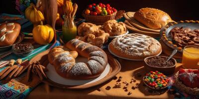 nourriture fête sur décoré table pour festa Junina fête. brésilien nourriture pour célébrer juin festin. nourriture Contexte génératif ai illustration photo