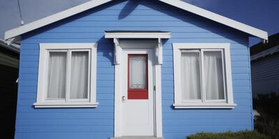 une blanc et bleu maison avec une ciel sur Contexte ai généré photo