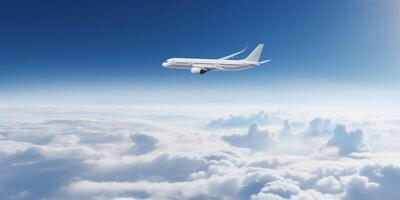 avion est en volant dans le ciel au dessus le des nuages ai généré photo