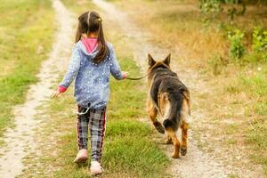 peu fille en marchant avec chien dans le forêt retour à caméra photo