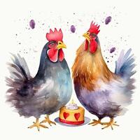 mignonne aquarelle deux poulet. illustration ai génératif photo
