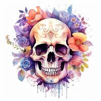 aquarelle crâne avec fleurs. illustration ai génératif photo