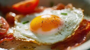 frit des œufs ensoleillé côté en haut sur français baguette, jambon illustration ai génératif photo