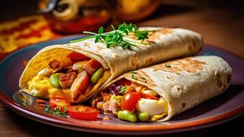 petit déjeuner tortilla emballage avec omelette, des haricots et des légumes illustration ai génératif photo