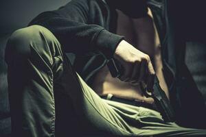 caucasien Masculin cache dans pièce avec pistolet. photo