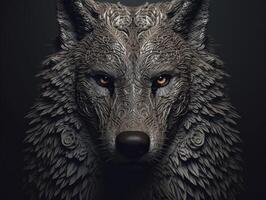 fantaisie portrait de une Loup avec un abstrait modèle sur le visage établi avec génératif ai technologie. photo