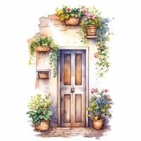 confortable porte avec fleurs aquarelle. illustration ai génératif photo