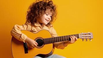 frisé fille avec guitare. illustration ai génératif photo