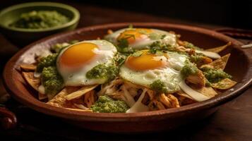 mexicain Chilaquiles avec frit œuf, poulet et épicé vert sauce illustration ai génératif photo