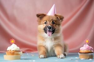 mignonne anniversaire chien avec gâteau. illustration ai génératif photo