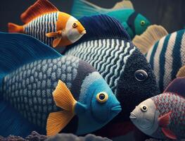 groupe de coloré tricoté des poissons sur foncé Contexte établi avec génératif ai technologie. photo