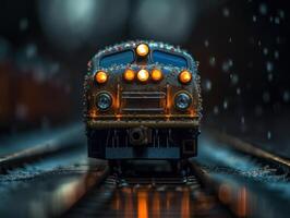 train sur le chemin de fer des pistes à nuit dans le pluie. le concept de Voyage. établi avec génératif ai technologie. photo