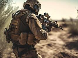 uni États armée spécial les forces soldat dans uniforme et casque avec agression fusil établi avec génératif ai La technologie photo