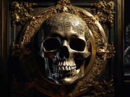 crâne avec d'or ornement sur une foncé Contexte établi avec génératif ai La technologie photo