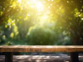 en bois table Haut sur flou la nature Contexte - pouvez être utilisé pour afficher ou montage votre des produits établi avec génératif ai La technologie photo