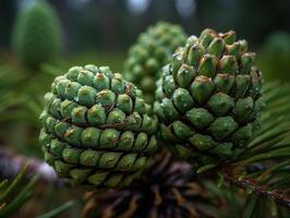 pin cônes dans le forêt. sélectif se concentrer. établi avec génératif ai technologie. photo