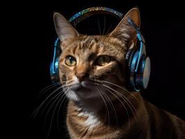 chat dans gros écouteurs jouit musique. établi avec génératif ai La technologie photo