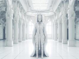 une futuriste femelle mannequin dans une blanc robe et masque des stands dans une futuriste blanc pièce intérieur symétrique composition établi avec génératif ai La technologie photo