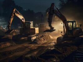 pelles travail sur construction site à nuit. lourd machinerie travail sur construction site à nuit établi avec génératif ai technologie. photo