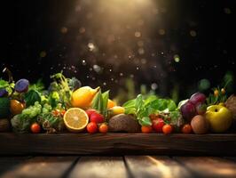 Frais des fruits et des légumes sur en bois table établi avec génératif ai La technologie photo