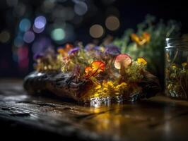 abstrait composition avec fantaisie les plantes sur en bois table établi avec génératif ai La technologie photo