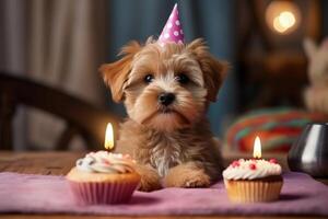 mignonne anniversaire chien avec gâteau. illustration ai génératif photo