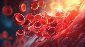 du sang caillot ou thrombus blocage le rouge du sang cellules courant dans un artère. illustration ai génératif photo